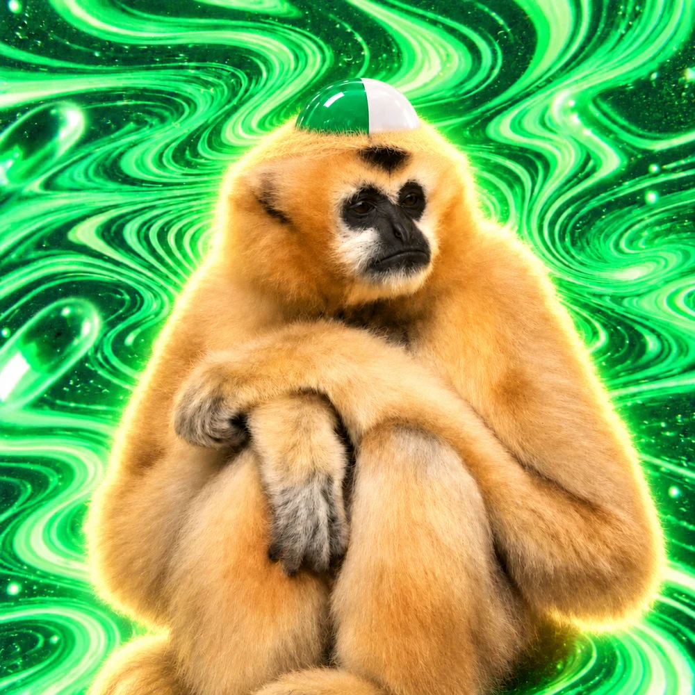 Kit, a golden gibbon with a green and white capsule on her head, on a swirling green background